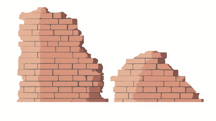 Obraz premium A set of two ruined brick walls with a white background. Two brick walls. Vector illustration. 