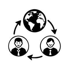 Global collaboration cycle featuring two professionals connecting with the world