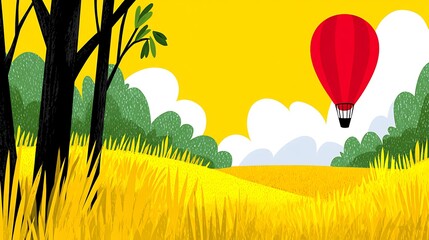 Sunny landscape with a red hot air balloon. Trees, field, clouds, vibrant yellow sky