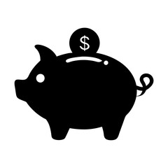 Black silhouette of a piggy bank with a coin on top, savings concept