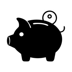 Black and white drawing of a piggy bank with a coin dropping