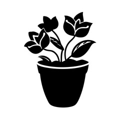 Black and White Silhouette of Flowers in a Pot, Elegant and Simple