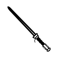 A stylized black and white illustration of a fantasy long sword weapon