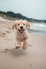 A joyful golden retriever puppy running on the beach, displaying pure happiness and energy.
