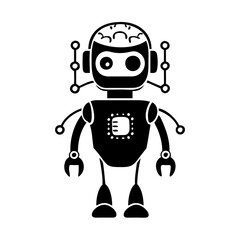 Stylized black and white robot with visible brain and computer chip