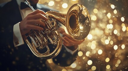 Musician Playing a Large Golden French Horn
