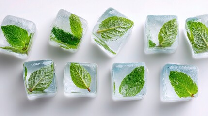 Obraz premium Fresh Mint Leaves Encased in Ice Cubes for Refreshing Drinks