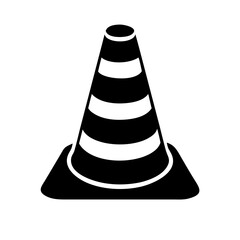 Monochrome traffic cone with white stripes, a cautionary symbol for work zones