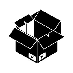 Isometric view of an open cardboard box with shipping symbols on side