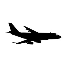 Black silhouette of a commercial airplane with four engines flying in profile