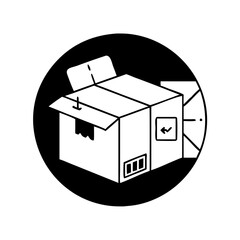 Monochrome illustration of an open cardboard box within a bold black circle