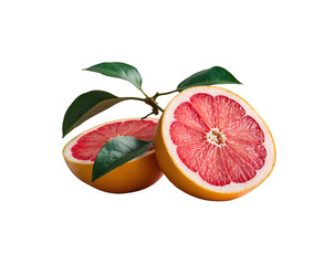 Vibrant Pink Grapefruit Halves with Green Leaves, A Refreshing Still Life of Citrus and Foliage, Perfect for Healthy Eating and Summer Themes