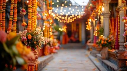 Obraz premium Warm-toned floral decorations illuminate a pathway.