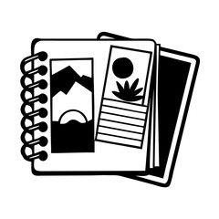 Black and White Illustration of a Notebook with Mountain and Floral Pictures