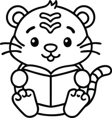 cute baby tiger reading book cartoon outline
