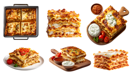 Set of Lasagna Lasagne noodle pasta, with different ingredients style, beef cheese ragu bolognese sauce, baking tray, serve wooden board, plate on transparent cutout PNG. Mockup template for design