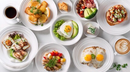 Fototapeta premium A Delicious Variety of Breakfast Dishes on Plates at a Brunch Table