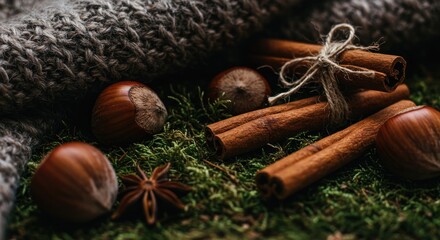 Cinnamon Sticks and Nuts Arranged on Soft Fabric Background  