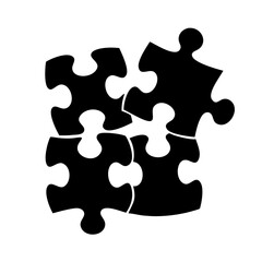 Four black jigsaw puzzle pieces forming a square shape, connecting parts