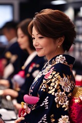 Obraz premium Elegant woman in a navy blue kimono with gold floral details.