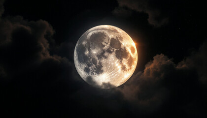 Obraz premium Bright full moon shining through dark clouds at night in a clear sky