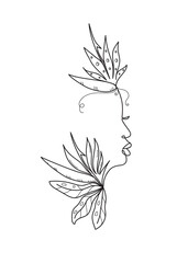 Minimalist female portreit on the white background. Sketch of an African American woman with plants. Creative design for wall art, tattoo art. Beautiful hand drawn vector illustration.