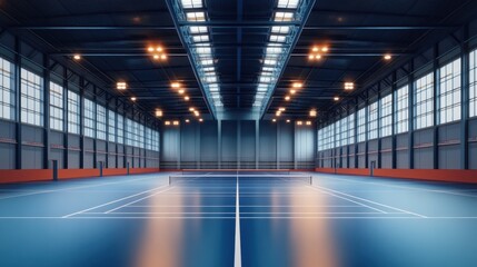 Fototapeta premium A spacious indoor tennis court showcasing vibrant blue flooring and ample natural light from large windows.
