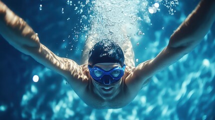 A male swimmer diving underwater, wearing goggles and a swim cap, showcasing determination and agility in the clear blue water.