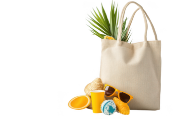 Beach bag with summer items on transparent background