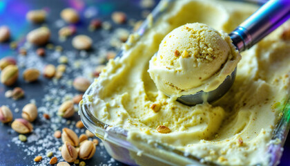 Deliciously creamy pistachio ice cream served in a chilled container with scattered nuts and sugar crystals