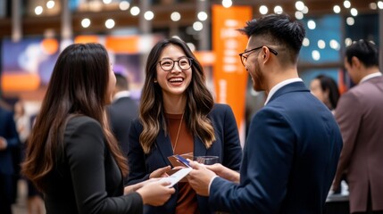 Fototapeta premium Three young Asian professionals network and laugh at a business event.