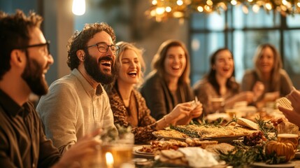 Friends laughing together at a festive dinner party.