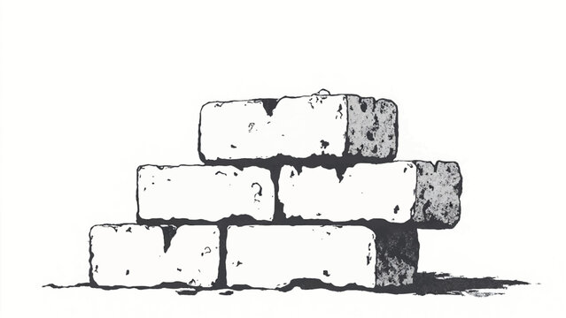 A black and white, hand-drawn illustration of a stack of bricks on a white background. A stack of bricks.  
