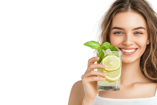 Woman with lemonade drink on transparent background - Powered by Adobe
