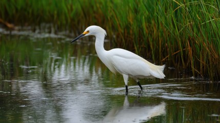 Fototapeta premium Snowy Egret Elegance: A Coastal Wetland Portrait