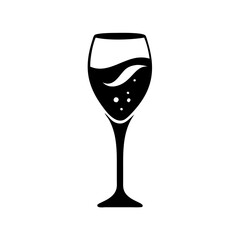 Black and white minimalist illustration of a wine glass with liquid