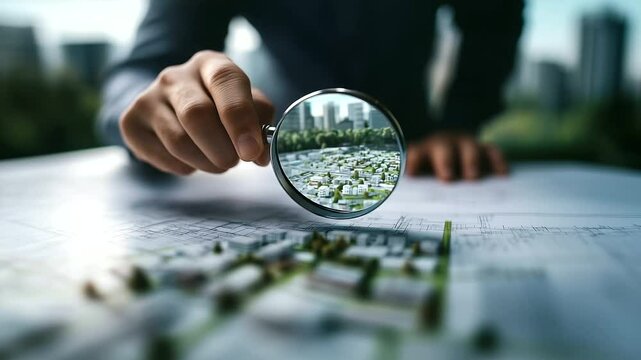 Focused urban planner examines a detailed map with a magnifying glass. Searching for a vacant plot of land to develop into a residential area, surrounded by notes and real estate b