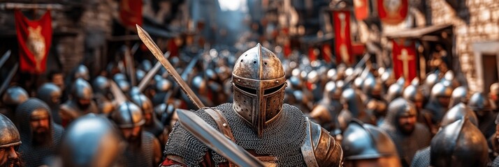 Naklejka premium Medieval knight in shining armor leads his army.