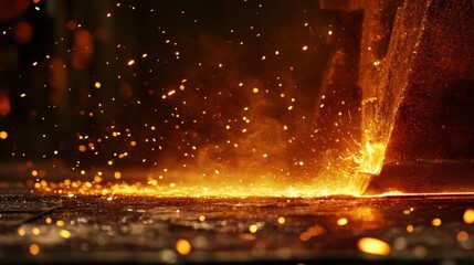 Naklejka premium CNC LPG Cutting with Sparks Close Up, Copy Space, Macro Photography, Metalwork Industry, Cnc Cut