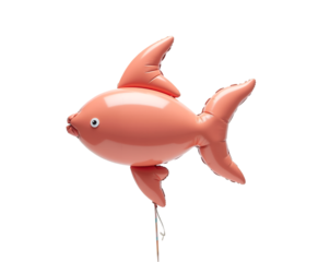 Whimsical Fish-Shaped Balloon with Playful Fins Floating Against a Crisp White Canvas, Evoking Joy and Wonder with its Unique Design and Vibrant Color Palette