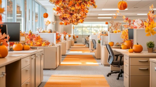 Autumnal office decorations with pumpkins and fall leaves create a festive atmosphere.