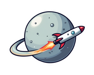 Whimsical space adventure, A cartoon rocket ship orbits a stylized planet with a ring, igniting imagination and a sense of cosmic exploration