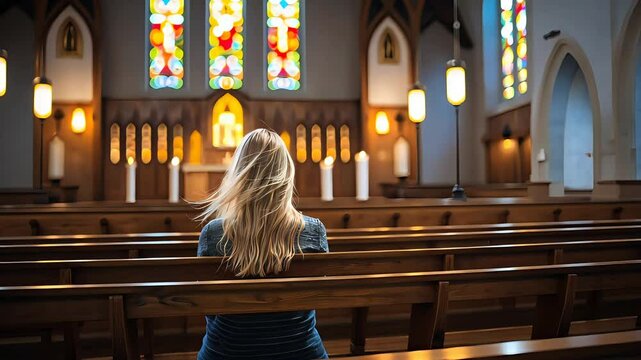 Woman sitting alone in empty church pew facing altar and stained glass windows