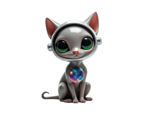 Whimsical Space Explorer, A Sleek Feline Astronaut with Piercing Eyes Gazing into the Cosmos, Adorned with Galactic Emblems, Radiating a Playful Charm