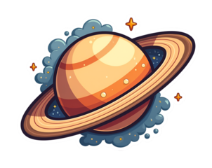 Whimsical Saturn Illustration, A Vibrant and High-Contrast Depiction of the Ringed Planet Amidst Clouds and Stars, Perfect for Space Enthusiasts