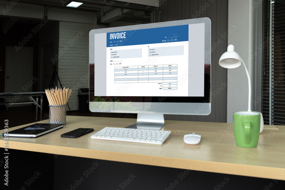 Poster invoice on computer screen from accounting application. computer program for financial and budget of