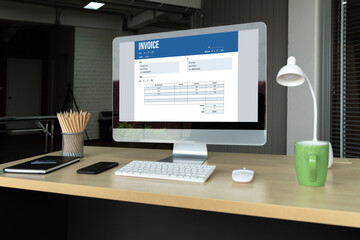 Invoice on computer screen from accounting application. Computer program for financial and budget of corporate business. Snugly.