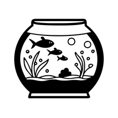 Black and White Simple Line Art Fishbowl with Fish and Plants