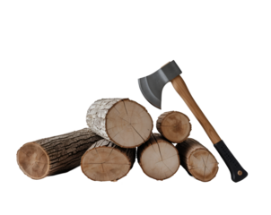 Woodpile with Hatchet Ready for Splitting on Plain, Perfect for Winter Firewood Preparation and Rustic Lifestyle Imagery, Isolated Presentation