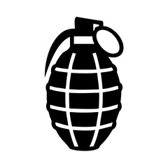 Black and white graphic illustration of a hand grenade symbol